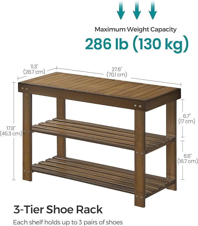 SONGMICS Shoe Rack Bench, 3-Tier Bamboo Shoe Storage Organizer, Entryway Bench, Holds Up to 286 lb, 11.3 x 27.6 x 17.8 Inches, for Entryway Bathroom Bedroom, Yellow Brown ULBS04WL