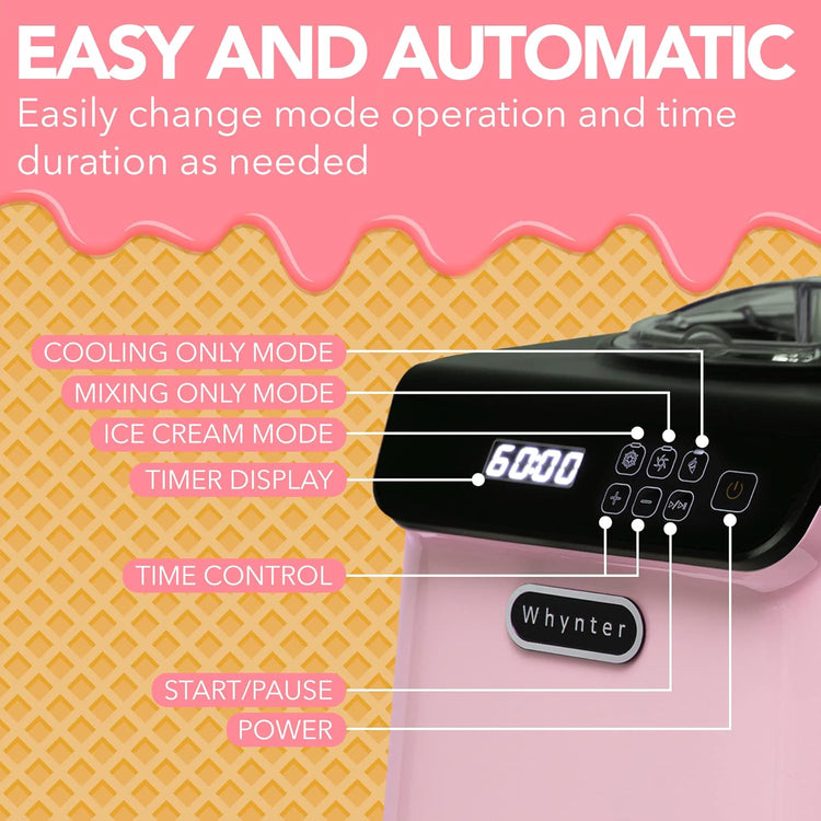 Whynter Ice Cream Maker Machine Automatic 1.28 Qt Upright with Built-In Compressor, LCD Digital Display & Timer, No Pre-Freezing, ICM-128BPS, Black/Pink