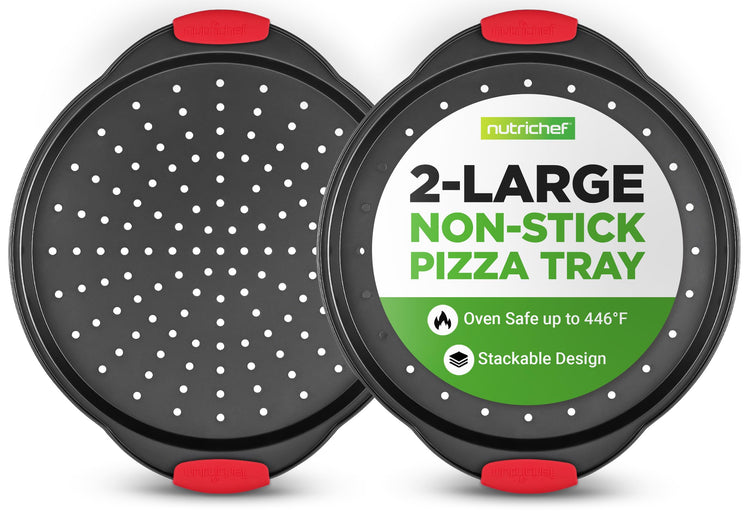 2-Piece 13-Inch Nonstick Pizza Tray, Round Carbon Steel Non-Stick Pizza Pan with Perforated Holes, Premium Bakeware Pizza Screen with Silicone Grip Handles, Dishwasher Safe, NCBPIZX2 (2 Count)