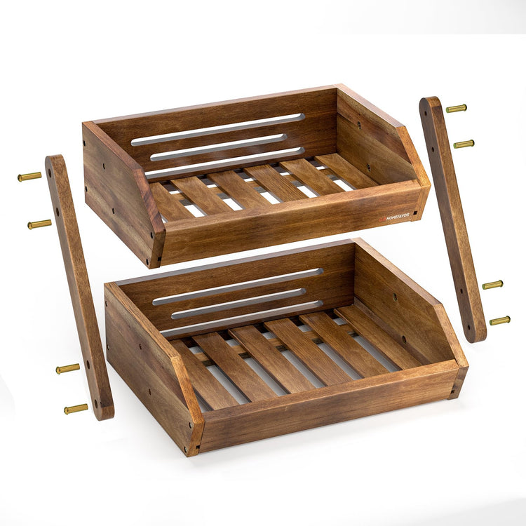 2 Tier Acacia Wood Fruit Basket for Kitchen