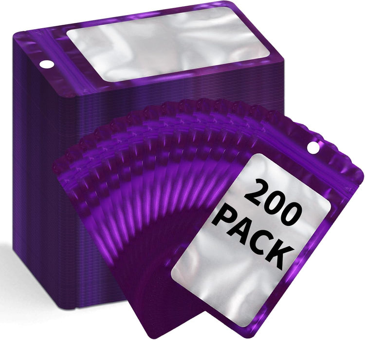 200 Pack Resealable Mylar Holographic Bags Food Storage Smell Proof Bags with Front Window Foil Packaging Pouch for Candy Sample Jewelry Small Business 4.72×7.87 Inch, Purple