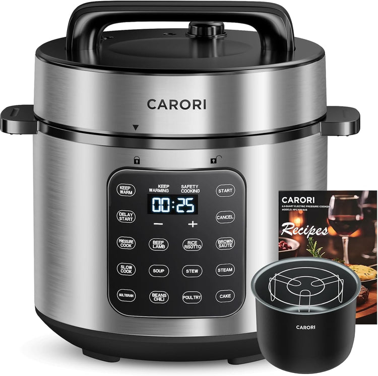 9-in-1 Electric Pressure Cooker 6 Qt, Programmable Multi-Function with Safer Vent, Olla de Presion, Rice Cooker, Slow Cooker, Steamer, Sauté, Warmer & Sterilizer, 1000W, Stainless Steel