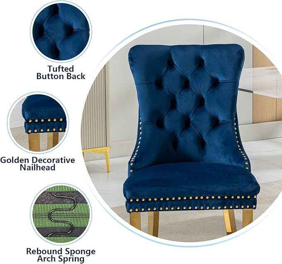 Blue Velvet Dining Chairs Set of 4, Dining Room Chairs Set of 4, Tufted Upholstered Dining Room Chair, Back Ring Pull Trim, Golden Stainless Steel Legs, Blue