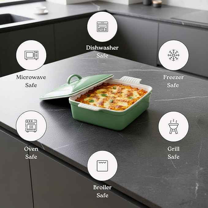 Stoneware Casserole Dish Bakeware with Lid | Covered Square Dinnerware | Medium 2 Quart, [Ocean Blue]