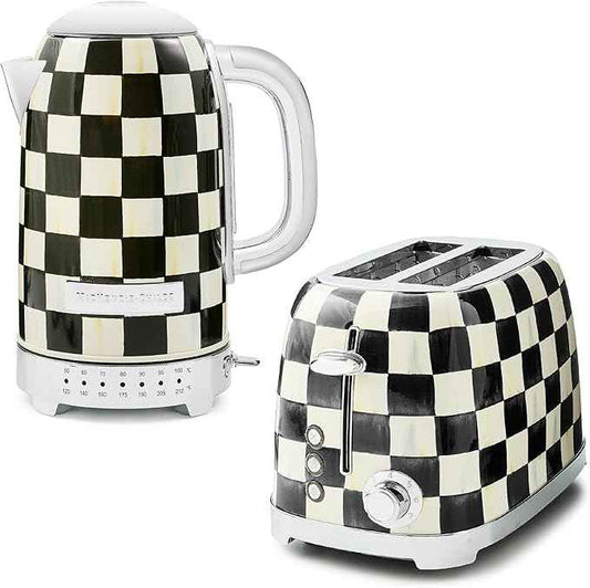 MACKENZIE-CHILDS Stainless-Steel Electric Kettle Bundle with Stainless-Steel 2-Slice Toaster, Black-and-White Courtly Check