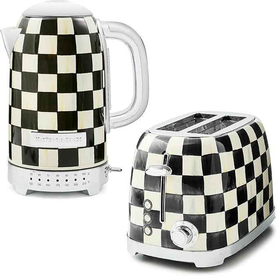 MACKENZIE-CHILDS Stainless-Steel Electric Kettle Bundle with Stainless-Steel 2-Slice Toaster, Black-and-White Courtly Check