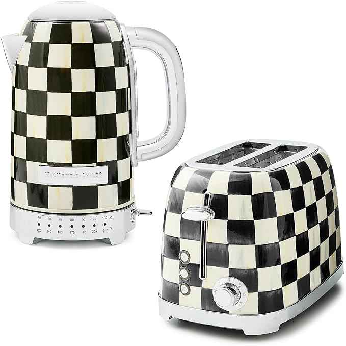 MACKENZIE-CHILDS Stainless-Steel Electric Kettle Bundle with Stainless-Steel 2-Slice Toaster, Black-and-White Courtly Check