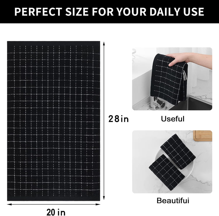 Homaxy 100% Cotton Terry Kitchen Towels(Black, 20 x 28 inches), Checkered Designed, Soft and Super Absorbent Dish Towels, Large 4 Pack