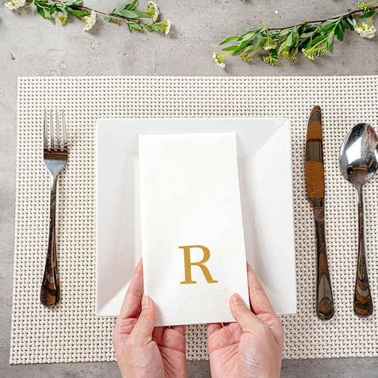 Luxenap 15.8 X 7.9 Inch Linen-Feel Guest Towels, 2000 Lettered Hand Towels - Gold Letter 'R', Sans Serif Font, White Paper Dinner Napkins, airlaid, For Restrooms And Tables