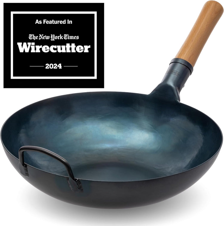 YOSUKATA 13.5” Blue Carbon Steel Wok Pan – Pre-Seasoned Flat Bottom Wok Compatible with open fire, gas, electric, ceramic, induction cooktops -Traditional Chinese Pan for Stir Fry, BBQ, Grill, Camping