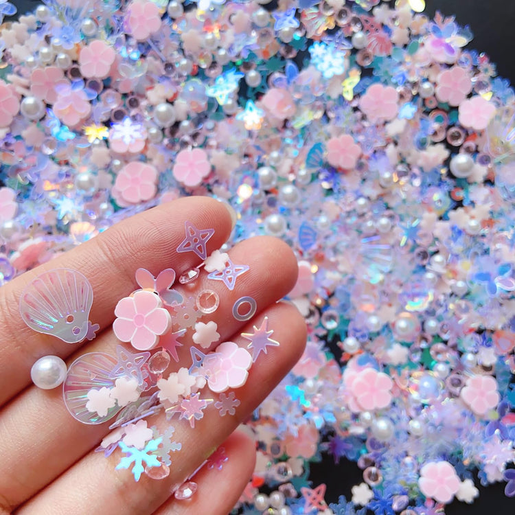 Sequins Holographic Polymer Clay Slices Nail Glitter 3D Holographic Snowflake Shell Butterfly Plum Blossom Nail Sequins Slices Polymer Clay Nail Decals for DIY Nail Decoration