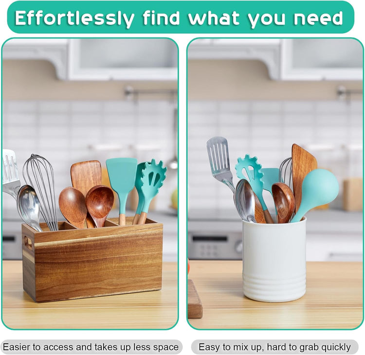 ALELION Acacia Wood Utensil Holder Organizer for Counter - Large Wooden Utensil Caddy for Countertop - 3 Compartment Cooking Tool Holder for Spatula - for Farmhouse Kitchen Decor and Accessories