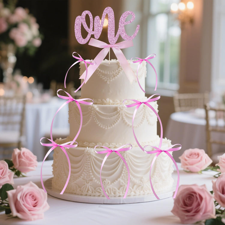 1st Birthday Cake Topper with 8 Pink Bows (17 Count)