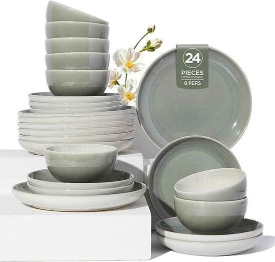 Plates and Bowls Sets for 8, 24 Piece Dinnerware Set for Large Families & Entertaining, Elegant Design, Dishwasher & Microwave Safe, Chip Resistant and Durable, Gray Green