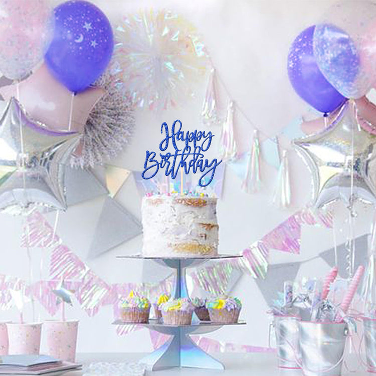 1 PCS Glitter Happy Birthday Cake Topper for Celebrating Anniversary Theme Party Cake Decorations Supplies Dark Blue