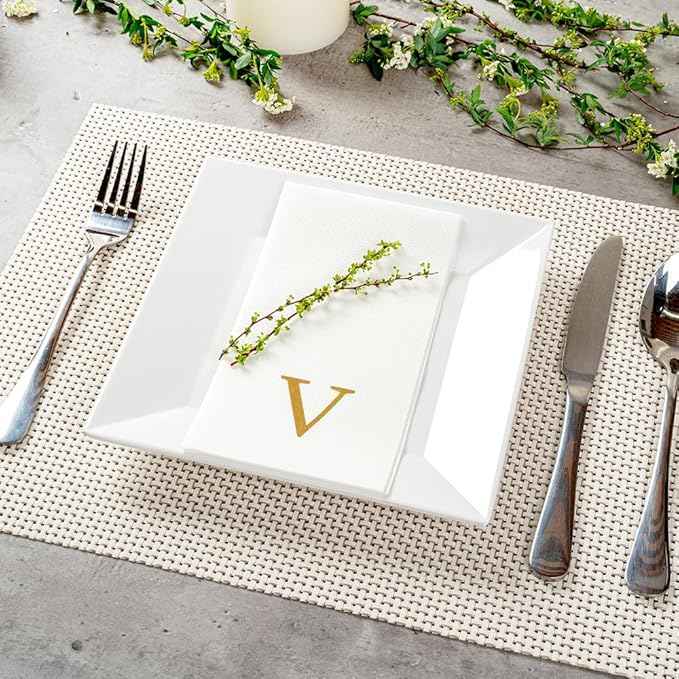 Luxenap 15.8 X 7.9 Inch Linen-Feel Guest Towels, 2000 Lettered Hand Towels - Gold Letter 'V', Sans Serif Font, White Paper Dinner Napkins, airlaid, For Restrooms And Tables
