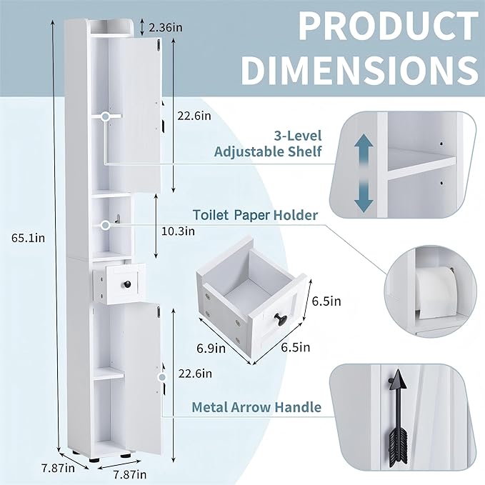 VECELO Narrow Bathroom Storage Cabinet, Tall Cabinet with Adjustable Shelves & Toilet Paper Holder & Drawer, Slim Freestanding Floor Cabinets with Magnetic Door for Small Spaces, White