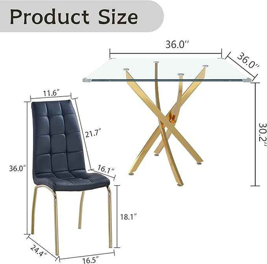 5 Piece Square Glass Dining Table Set, Round Tempered Glass Kitchen Table for 4, Modern Table with 4 High-Back Upholstered Chairs for Kitchen Dining Room (Gold Legs, 4 Black Chairs)