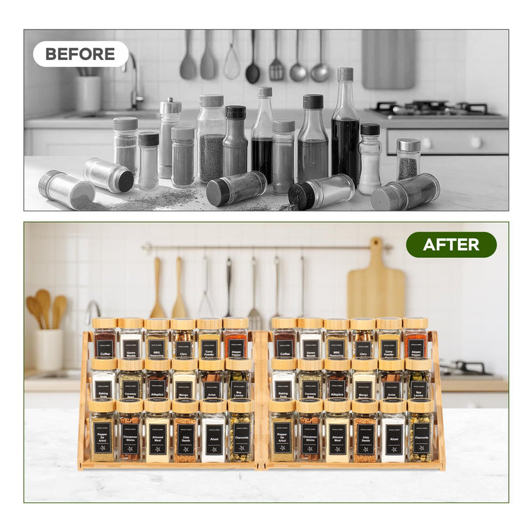 3 Tier Bamboo Spice Rack Organizer with 18 Empty 4 oz Glass Spice Jars