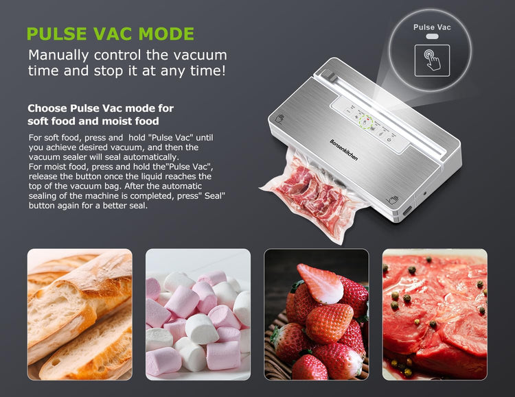 Bonsenkitchen Vacuum Sealer Machine, Stainless Steel Food Sealer Vacuum Sealers with 30 Bags & 1 Roll, 5 Food Vacuum Modes, Built-in Cutter & Bag Storage (White Silver)