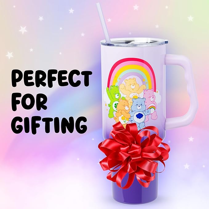 Silver Buffalo Care Bears Rainbow Featuring Funshine, Cheer, Grumpy, Friend, and Good Luck Bear Double Walled Stainless Steel Tumbler with Handle and Straw, Fits in Standard Cup Holder, 40 Ounces