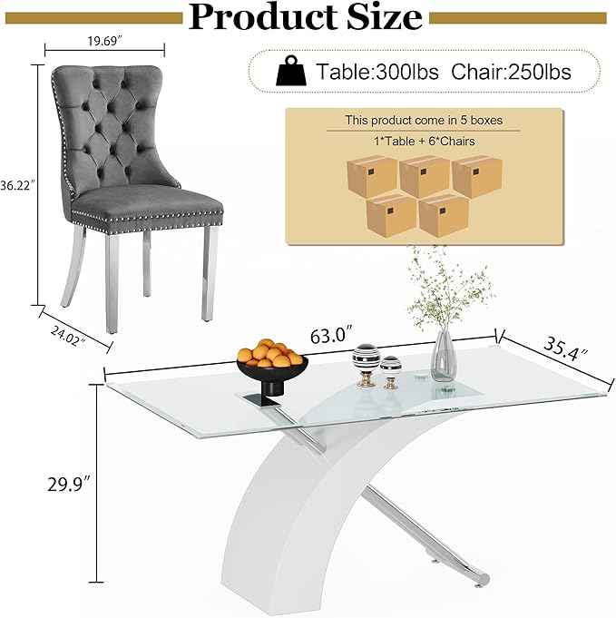 7 Piece Glass Dining Table Set for 6, 63" Modern Kitchen Table with 6 Grey Velvet Chairs, Tempered Glass Tabletop with White X-Shaped MDF Base, Modern Dining Room Set for Kitchen and Dining Room
