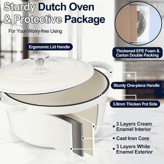 P&P CHEF 6QT Enameled Dutch Oven, Cast Iron Dutch Oven Pot with Lid for Bread Baking, Enameled Casserole Pot for Roasting Braising Stewing Frying Simmering, Various Stoves & Easy Clean, White - Nestoria