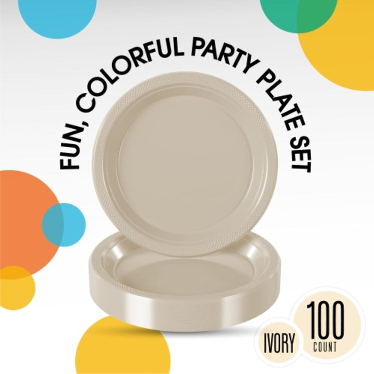 Exquisite Party Solids Ivory Plastic Plates For Party 9" Ivory Disposable Plates Heavy Duty Supplies 100 Pcs Plastic Dinnerware Sets Heavy Duty 350 GSM Disposable Dinnerware Set