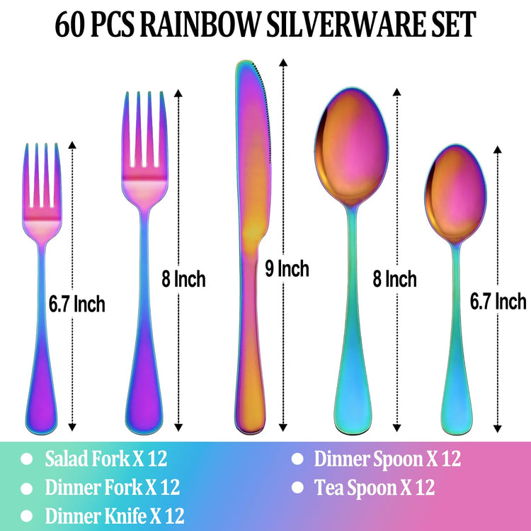 60 Pcs Rainbow Silverware Set Service for 12 (60 Count)