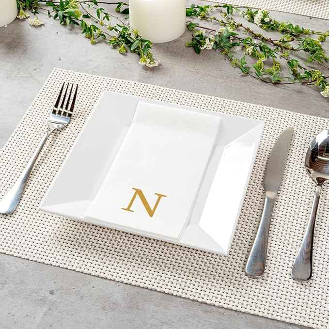 Luxenap 15.8 X 7.9 Inch Linen-Feel Guest Towels, 50 Lettered Hand Towels - Gold Letter 'N', Sans Serif Font, White Paper Dinner Napkins, airlaid, For Restrooms And Tables