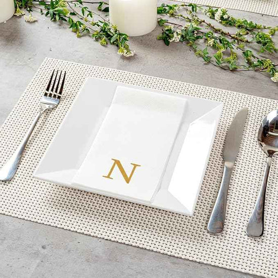 Luxenap 15.8 X 7.9 Inch Linen-Feel Guest Towels, 2000 Lettered Hand Towels - Gold Letter 'N', Sans Serif Font, White Paper Dinner Napkins, airlaid, For Restrooms And Tables