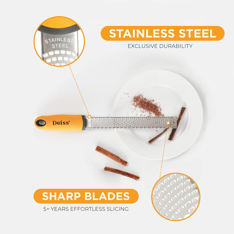 Deiss PRO Citrus Zester & Cheese Grater — Parmesan Cheese Lemon, Ginger, Garlic, Nutmeg, Chocolate, Vegetables, Fruits - Razor-Sharp Stainless Steel Blade, Wide, Dishwasher Safe