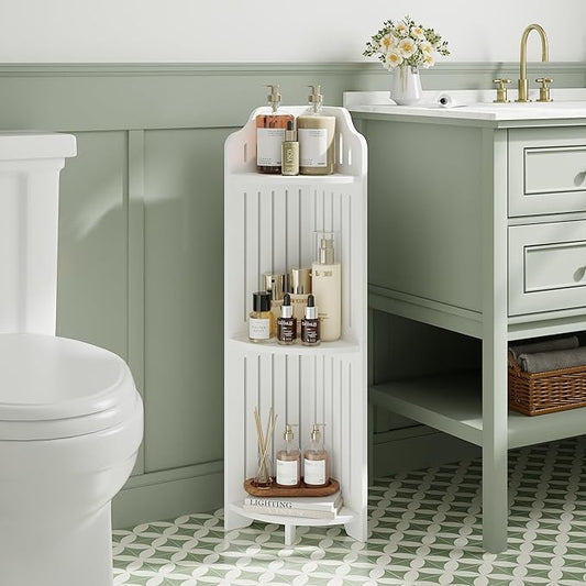 VECELO 3-Tier Bathroom Shelves for Narrow Space, Modern Corner Shelf Stand,Small Storage Organizer for Bathroom,Toilet Paper Stand,White