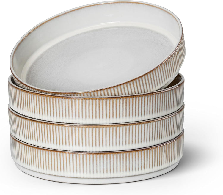 E-far Pasta Bowls Set of 4, 35oz Large Salad Bowl Plate for Dinner Serving Soup, Wide & Shallow Ceramic Stoneware Pasta Plates, Microwave & Dishwasher Safe, Reactive Glaze Texture-Stripe, Creamy Beige