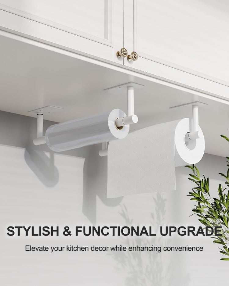 White Paper Towel Holder Under Cabinet, Self Adhesive or Wall Mounted SUS304 Stainless Steel Paper Towel Holder for Kitchen, Bathroom, Farmhouse, Barbecue and Laundry (White)