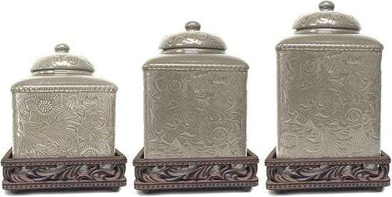HiEnd Accents Savannah 3 Piece Ceramic Dinnerware Square Canister Set with Base, Taupe Tooled Leather Floral Pattern, Modern Rustic Western Style
