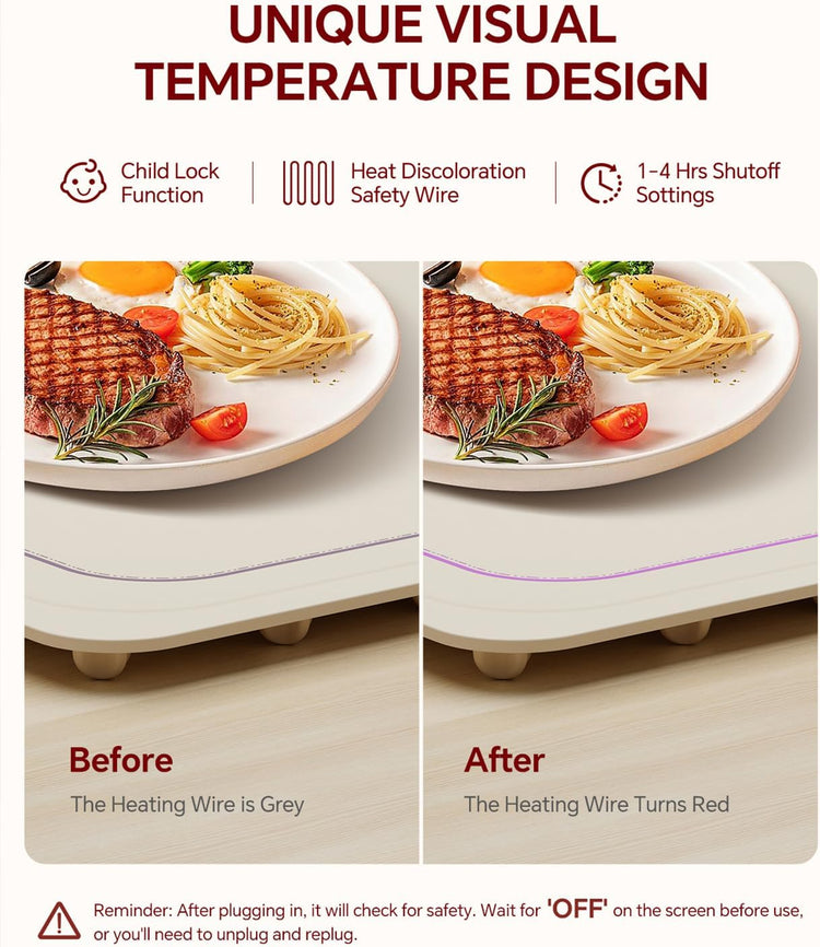 Food Warming Mat, Silicone Heating Tray with 7 Temperature Settings, Quick Full Surface Heating Pad, Thermochromic Line, Kids Lock, Food Warmers for Parties