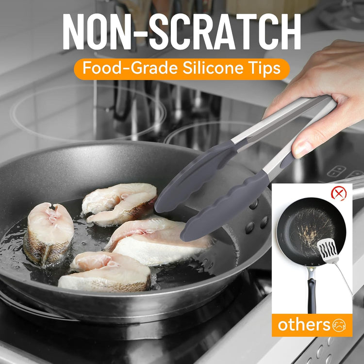 Hotec Silicone Kitchen Tongs for Cooking 9-Inch Serving Tongs with Silicone Tips, Set of 3 (Black Grey Khaki)
