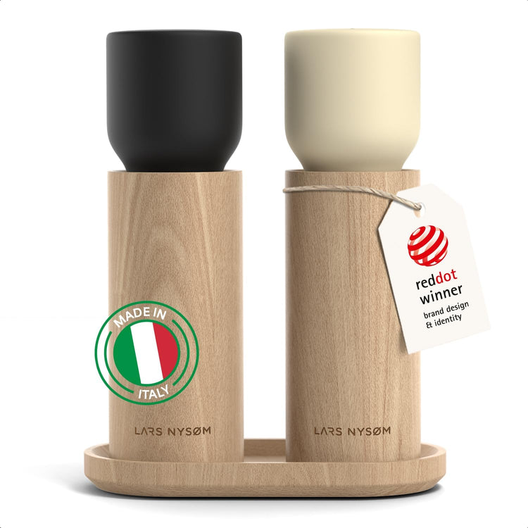 LARS NYSØM Wooden Salt and Pepper Grinder Set Manual with Tray - Salt and Pepper Mills with Adjustable Ceramic Grinder - Elegant Beechwood Pepper and Salt Mill Set for Dining Table (Black/Beige)