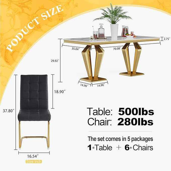 7 Piece Luxury Dining Room Set, Modern Dining Table and Upholstered Chairs Set, Marble Kitchen Table Set for 6, Big Kitchen Dinner Tables Kit with Silver Base