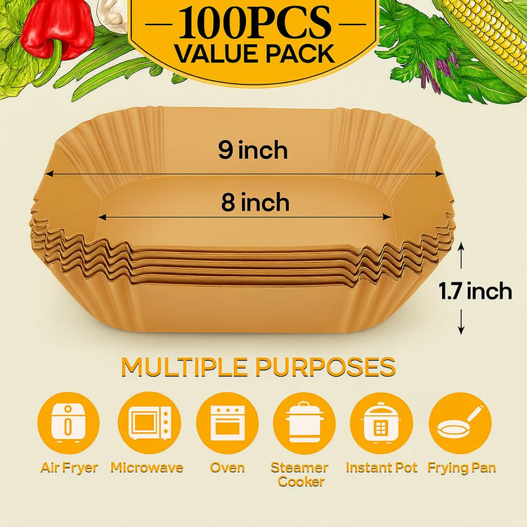 Disposable Square Air Fryer Liners for 5 to 8Qt Airfryer (100 Count)