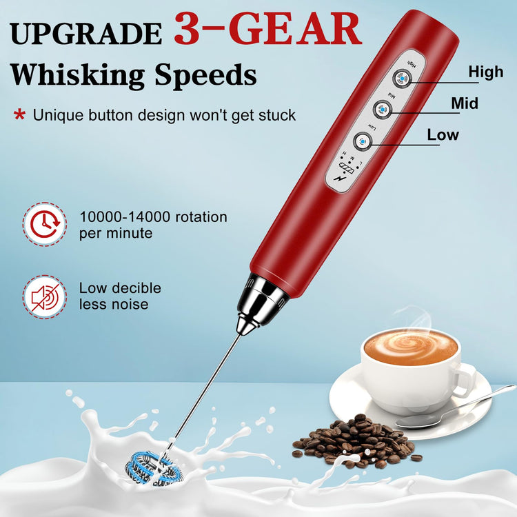 Milk Frother Wand Rechargeable Handheld Whisk Coffee 3 Speed Adjustable