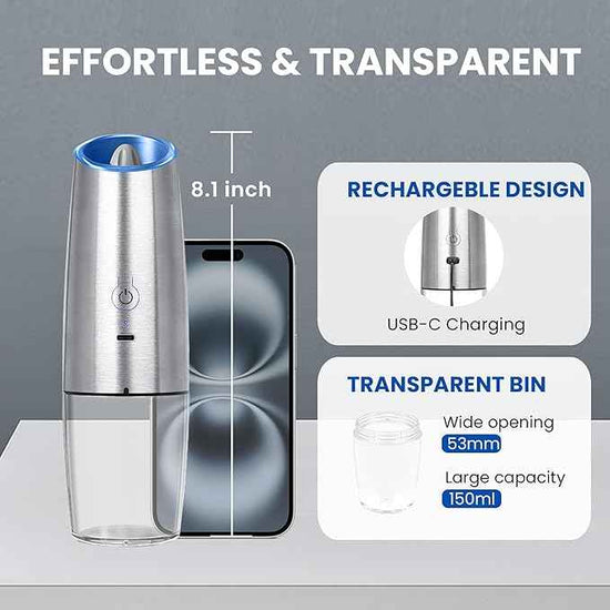 Rechargeable Electric Salt and Pepper Grinder, gravity electric salt and pepper grinder, Adjustable Roughness, LED Light, 1 Pack, (Silver)