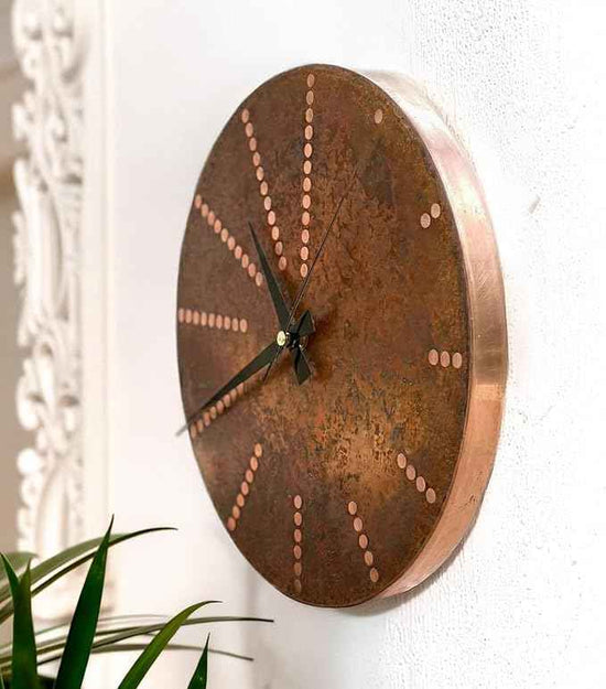 Handmade Pure Copper Wall Clock for Home Decoration, Decor Clock for Living Room, Bedroom and Kitchen, Rustic Decorative Mural Clock Art for Farmhouse (Time Dots, 17.7)