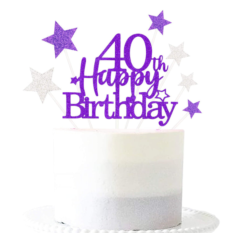 Purple Silver 40th Birthday Cake Topper with Glittery Stars (7 Count)