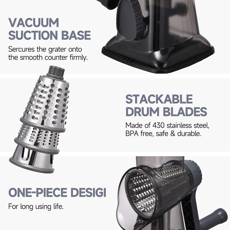 Rotary Cheese Grater Hand Crank Cheese Shredder Vegetable Mandoline Slicer for Kitchen 3 in 1 Changeable Blades for Cheese Potato Nuts Chocolate Ice （Grey TSP)