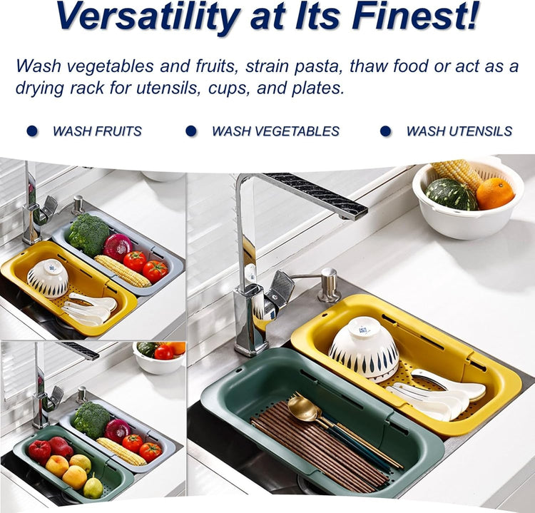 Extendable Sink Colander Strainer Basket - Wash Vegetables and Fruits, Drain Cooked Pasta and Dry Dishes - Adjustable Over the Sink Colander Collapsible Drainer Basket - Green