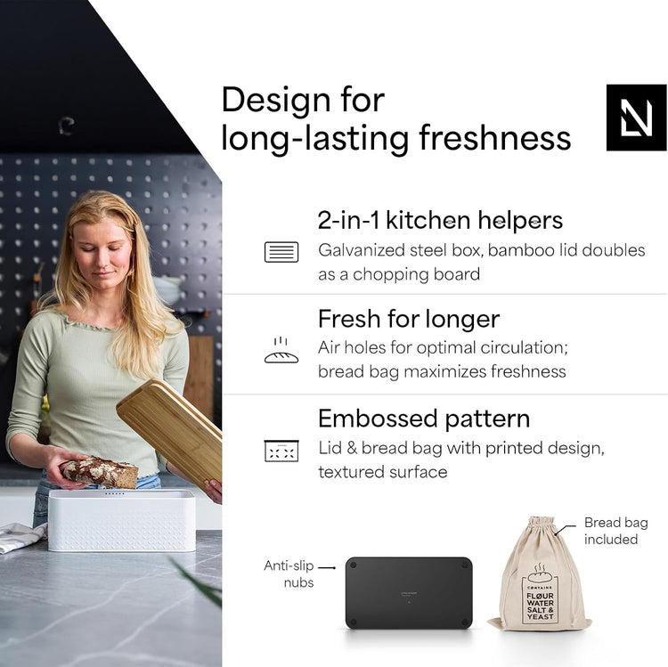 LARS NYSØM Bread Box I Metal Box with linen bag for long lasting freshness I Bread Bin with bamboo lid usable as cutting board I 13.4x7.3x5.3In (Carbon Black)