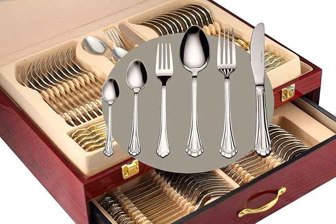 Venezia Collection Flatware Serving Set for 12, 75-Pc Luxury Dining Silverware Cutlery Service - 18/10 Premium Surgical Stainless Steel Hostess Set in a Wooden Storage Case Chest