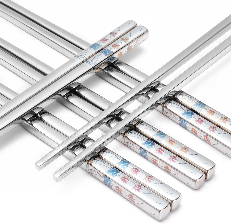 Stainless Steel Chopsticks, Titanium Plated Metal Chopsticks, 9.8" Premium Japanese Korean Color Laser Engraved Cooking Chop Sticks, Dishwasher Safe, Reusable, Anti-slip, Anti-scald, 2 Pairs Gift Set
